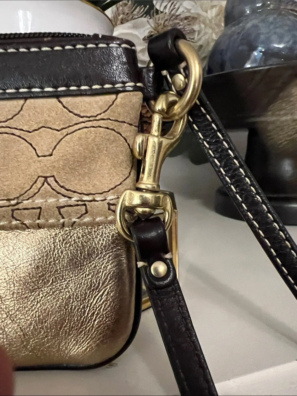 Coach Gold and Tan Patchwork Signature Wristlet